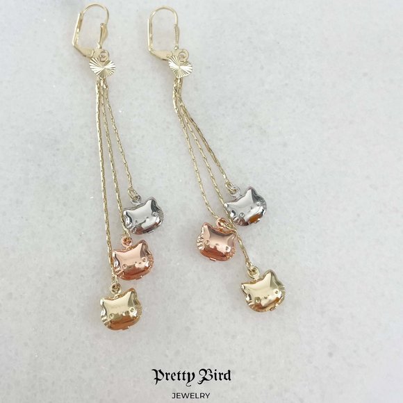 18K Yellow Gold Plated Puffed Tri Color Kitty Earrings - Picture 1 of 1